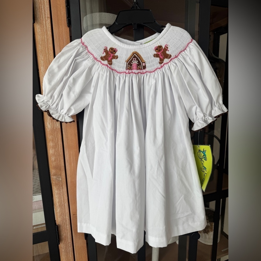 New Christmas Gingerbread house man smocked dress top bishop toddler bows girls
